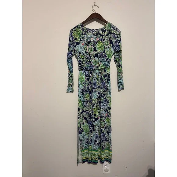 Lilly Pulitzer Riana Maxi Dress Blue Green Tropical Floral V-Neck Long Sleeve XS - Picture 7 of 10